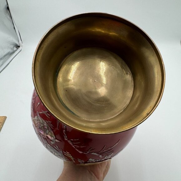 Vntg. Cloisonné Mother of Pearl inlay Red Enamel on Brass VASE 11” tall Large si - Picture 9 of 14